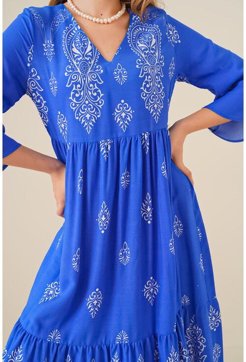 2349 V Yaka Desenli Elbise