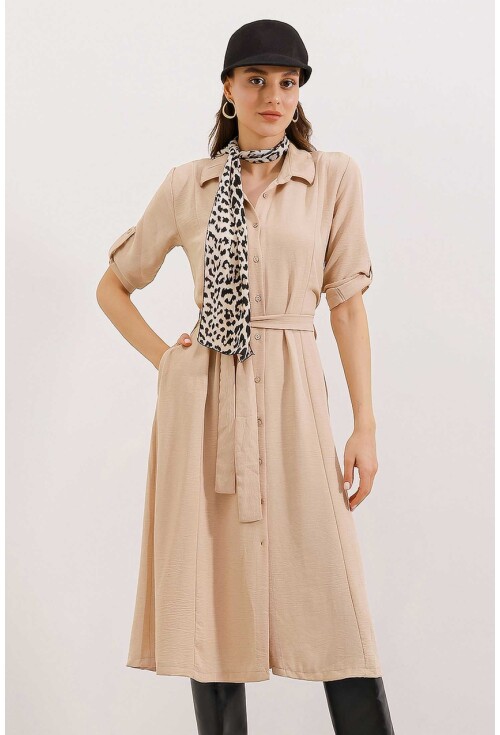 2442 Kuşaklı Gömlek Elbise