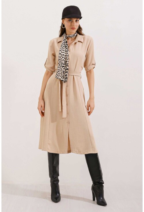 2442 Kuşaklı Gömlek Elbise