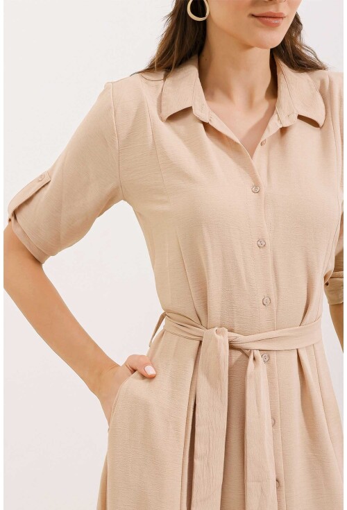 2442 Kuşaklı Gömlek Elbise