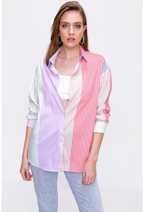 3907 Çok Renkli Oversize Poplin Gömlek
