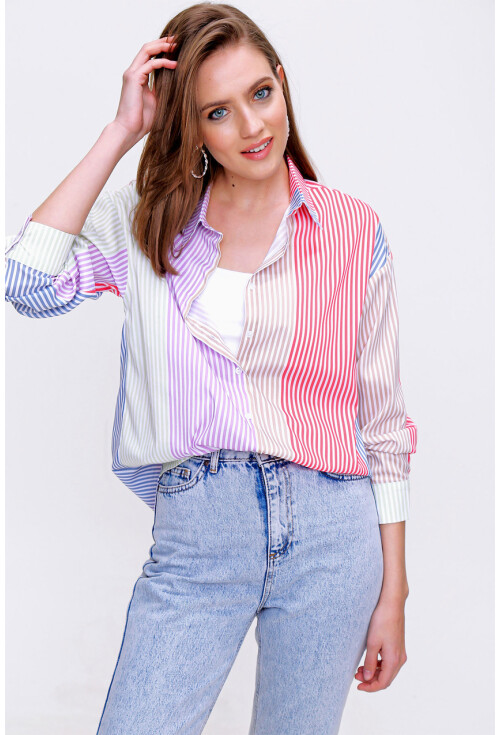 3907 Çok Renkli Oversize Poplin Gömlek