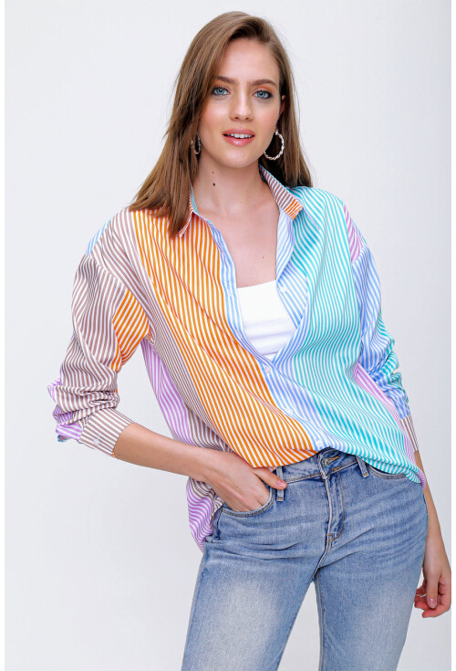 3907 Çok Renkli Oversize Poplin Gömlek