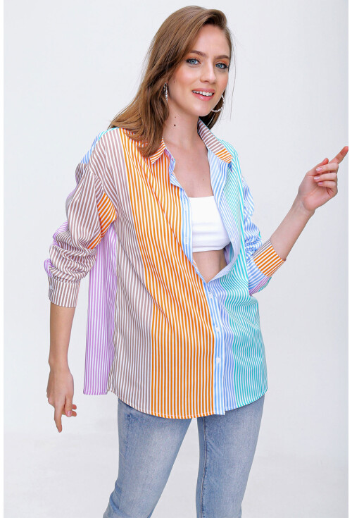 3907 Çok Renkli Oversize Poplin Gömlek