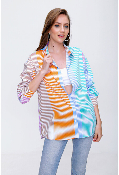 3907 Çok Renkli Oversize Poplin Gömlek
