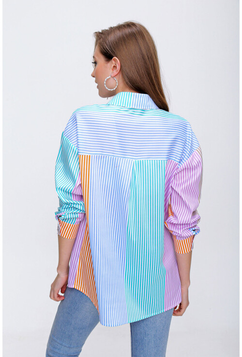 3907 Çok Renkli Oversize Poplin Gömlek