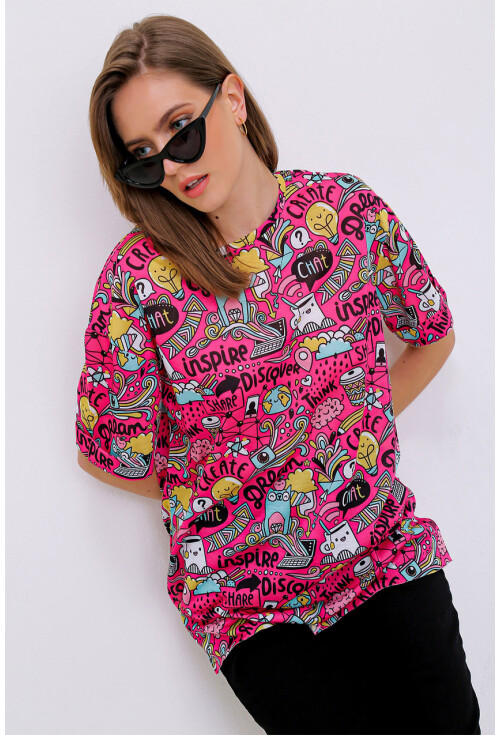 4124  Grafik Desen Oversize T-Shirt