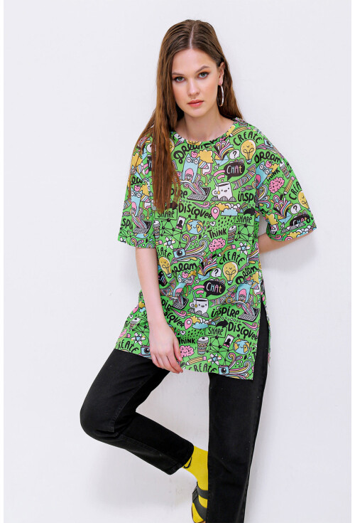 4124  Grafik Desen Oversize T-Shirt
