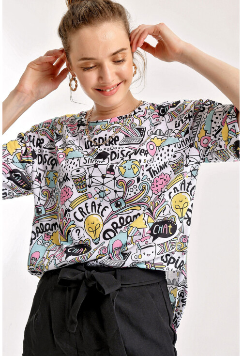 4124  Grafik Desen Oversize T-Shirt