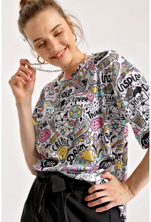 4124  Grafik Desen Oversize T-Shirt