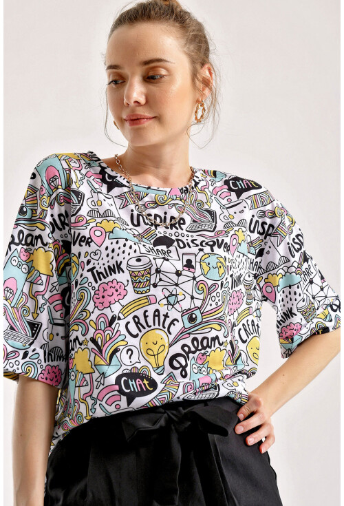 4124  Grafik Desen Oversize T-Shirt