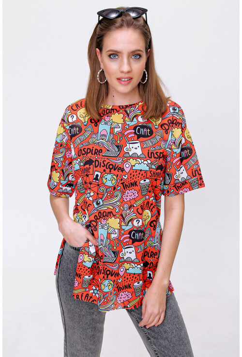 4124  Grafik Desen Oversize T-Shirt