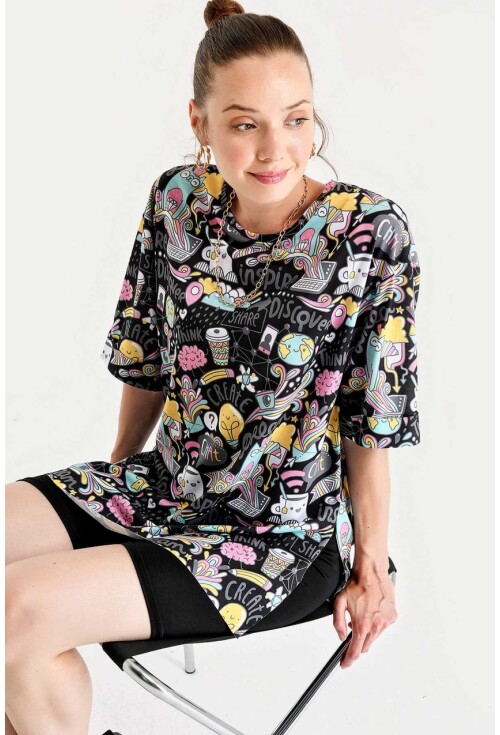 4124  Grafik Desen Oversize T-Shirt