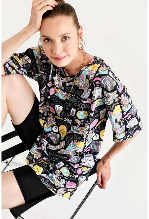 4124  Grafik Desen Oversize T-Shirt