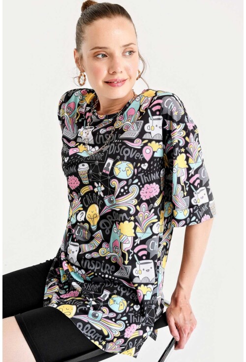 4124  Grafik Desen Oversize T-Shirt