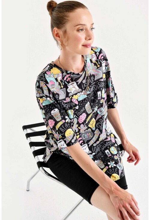 4124  Grafik Desen Oversize T-Shirt
