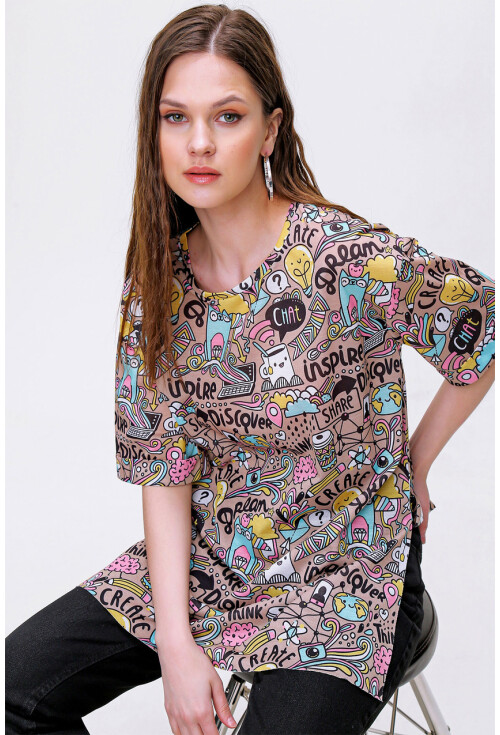 4124  Grafik Desen Oversize T-Shirt