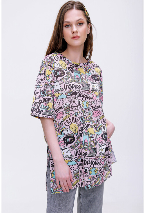 4124  Grafik Desen Oversize T-Shirt