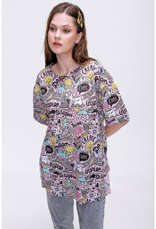 4124  Grafik Desen Oversize T-Shirt