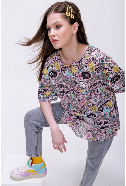 4124  Grafik Desen Oversize T-Shirt