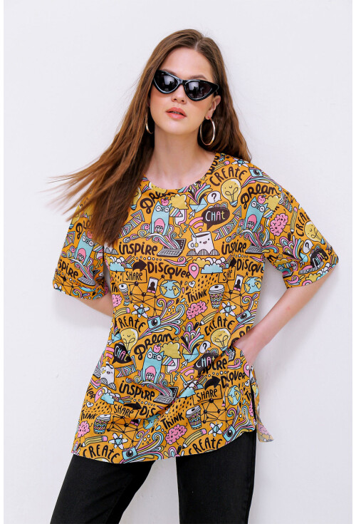 4124  Grafik Desen Oversize T-Shirt