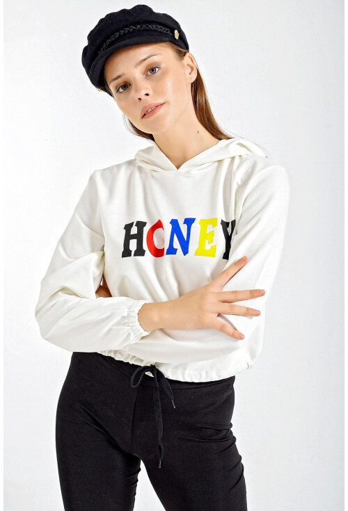 4218 Kapşonlu Büzgülü Crop Sweatshir