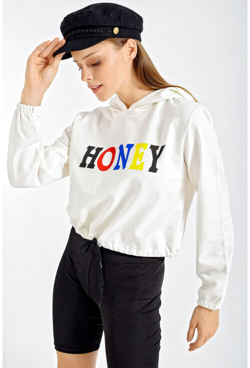 4218 Kapşonlu Büzgülü Crop Sweatshir