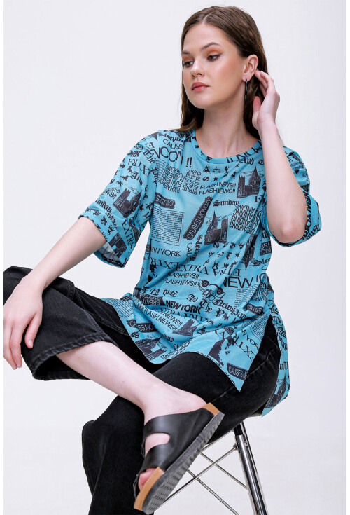 4299 Gazete Baskılı Oversize Tshirt