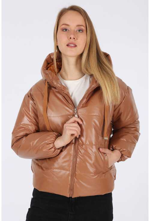 5128 Oversize Deri Görünümlü Şişme Mont
