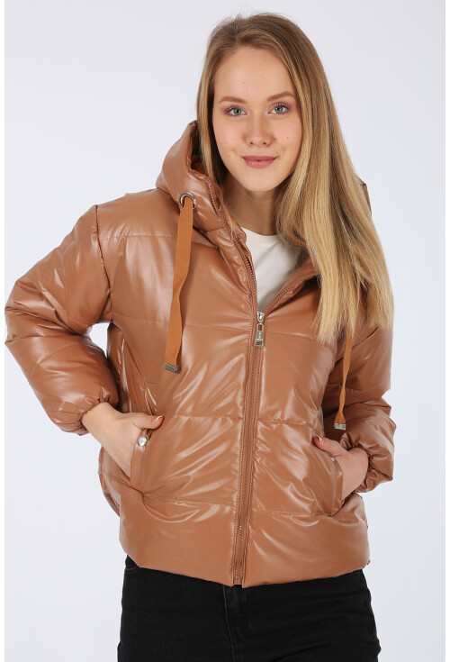 5128 Oversize Deri Görünümlü Şişme Mont