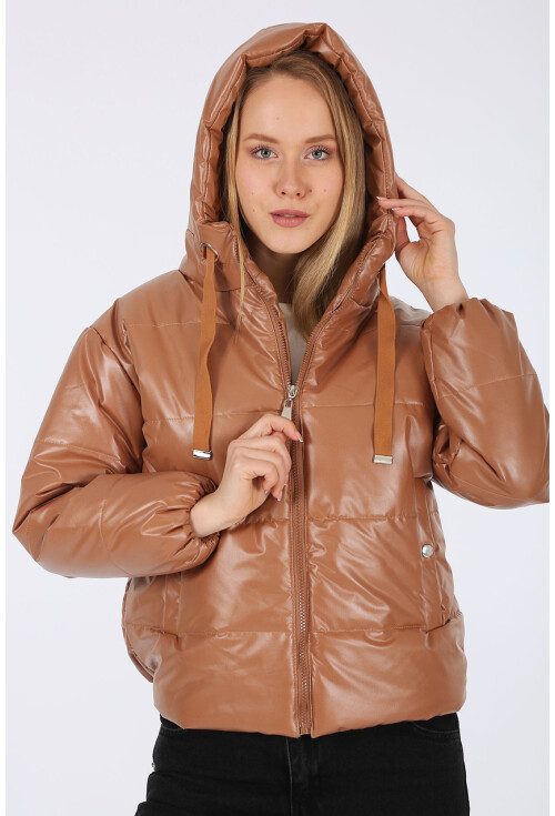 5128 Oversize Deri Görünümlü Şişme Mont