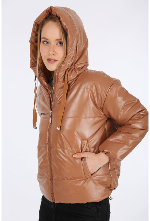 5128 Oversize Deri Görünümlü Şişme Mont