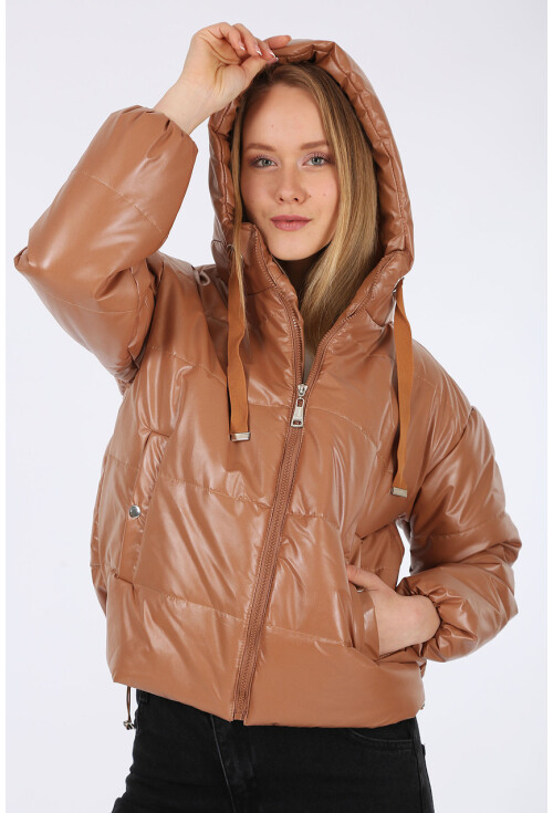 5128 Oversize Deri Görünümlü Şişme Mont