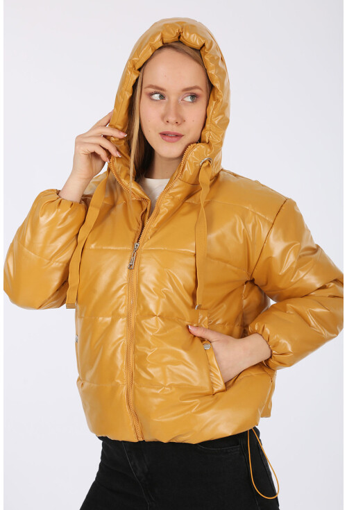 5128 Oversize Deri Görünümlü Şişme Mont