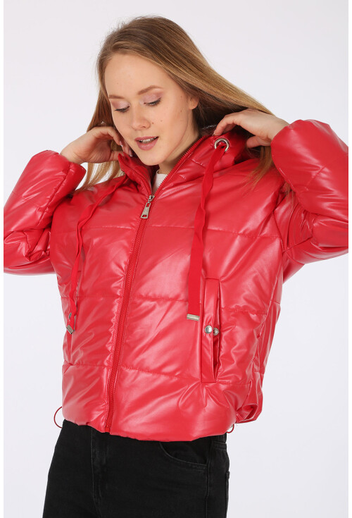 5128 Oversize Deri Görünümlü Şişme Mont