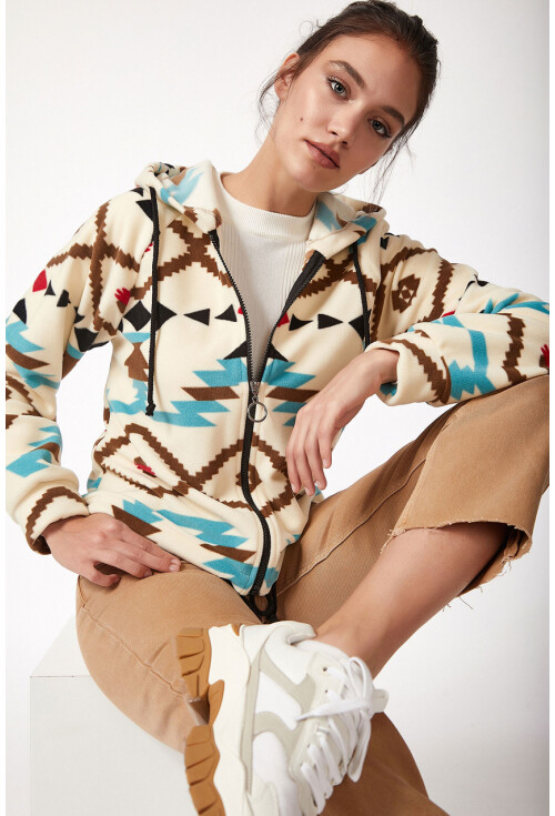 55301 Etnik Desen Fermuarlı Sweatshirt