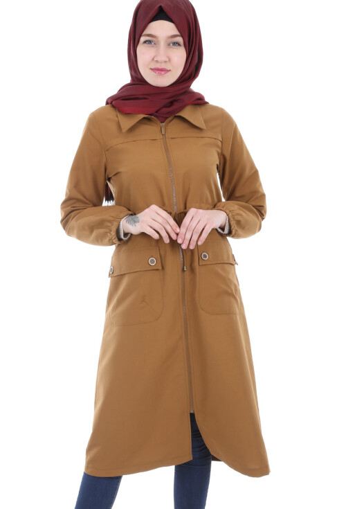 5677 Önü Boydan Fermuarlı Tesettür Trenchcoat