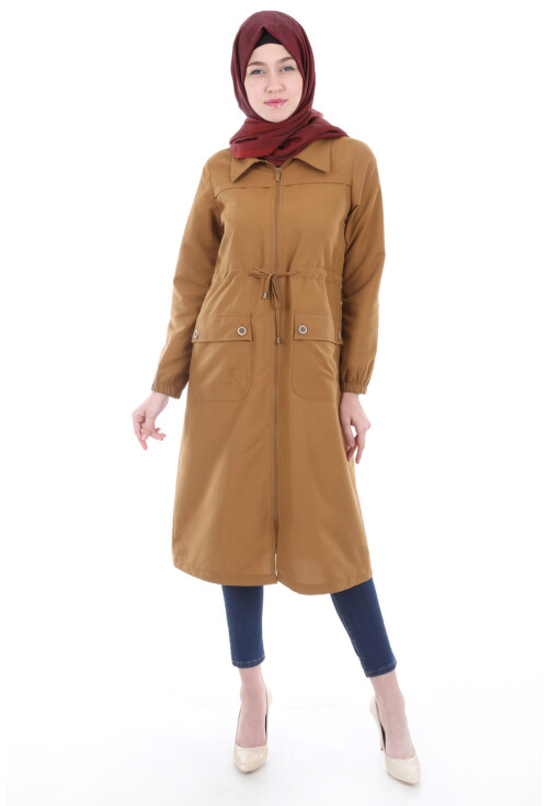 5677 Önü Boydan Fermuarlı Tesettür Trenchcoat