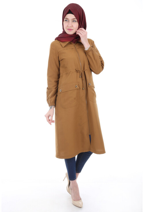 5677 Önü Boydan Fermuarlı Tesettür Trenchcoat