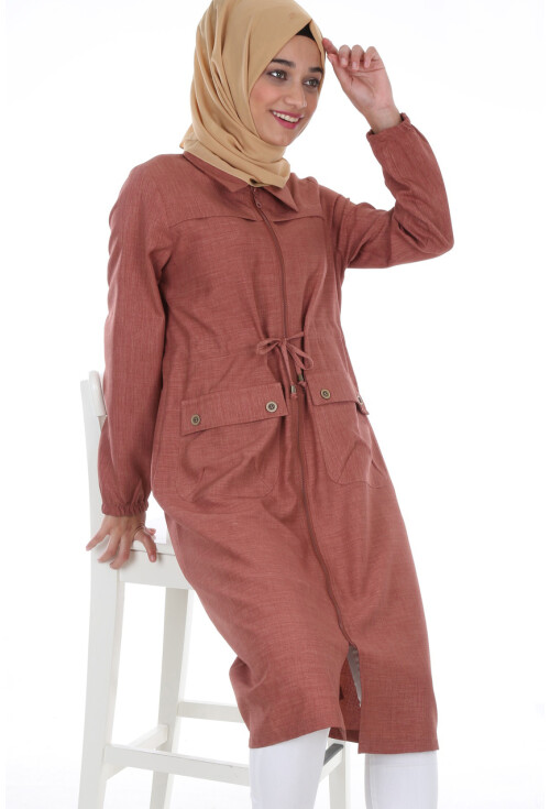 5677 Önü Boydan Fermuarlı Tesettür Trenchcoat