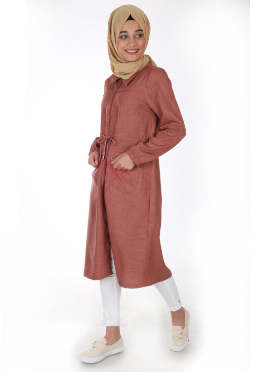 5677 Önü Boydan Fermuarlı Tesettür Trenchcoat