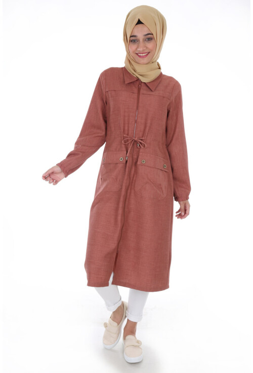 5677 Önü Boydan Fermuarlı Tesettür Trenchcoat