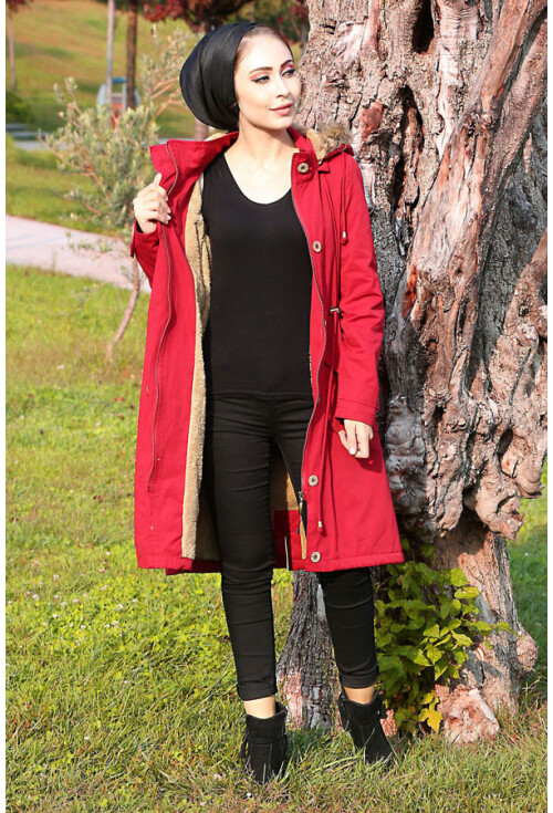 9035 Belden İpli Kürklü Tesettür Kaban