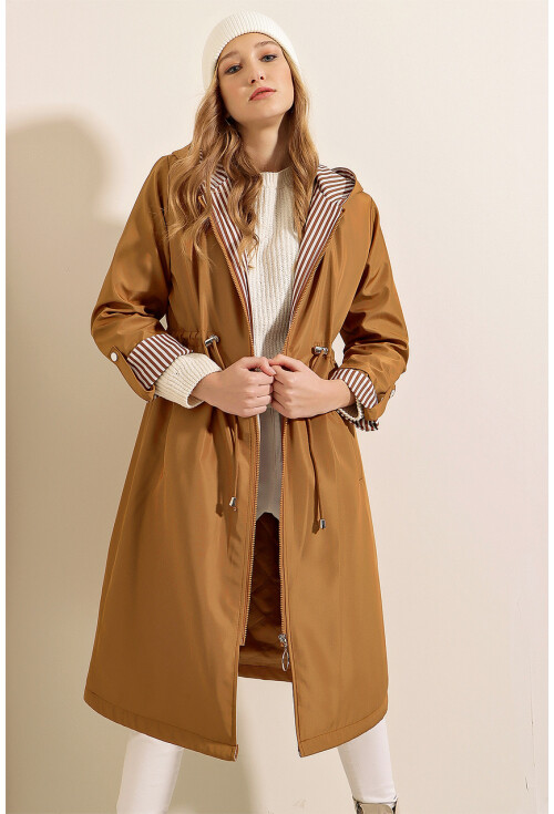 9091 Ruched Waist Hooded Trench Coat