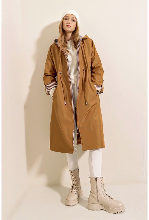 9091 Ruched Waist Hooded Trench Coat