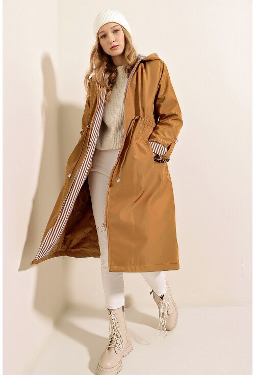 9091 Ruched Waist Hooded Trench Coat