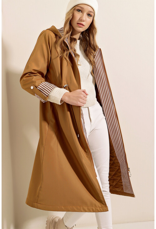9091 Ruched Waist Hooded Trench Coat
