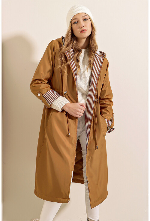 9091 Ruched Waist Hooded Trench Coat