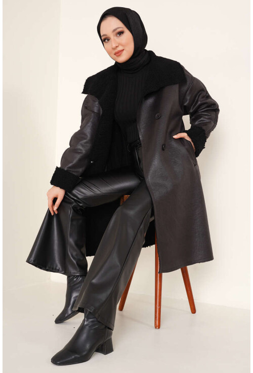 9102 Faux Fur Lined Long Leather Coat