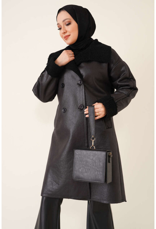 9102 Faux Fur Lined Long Leather Coat